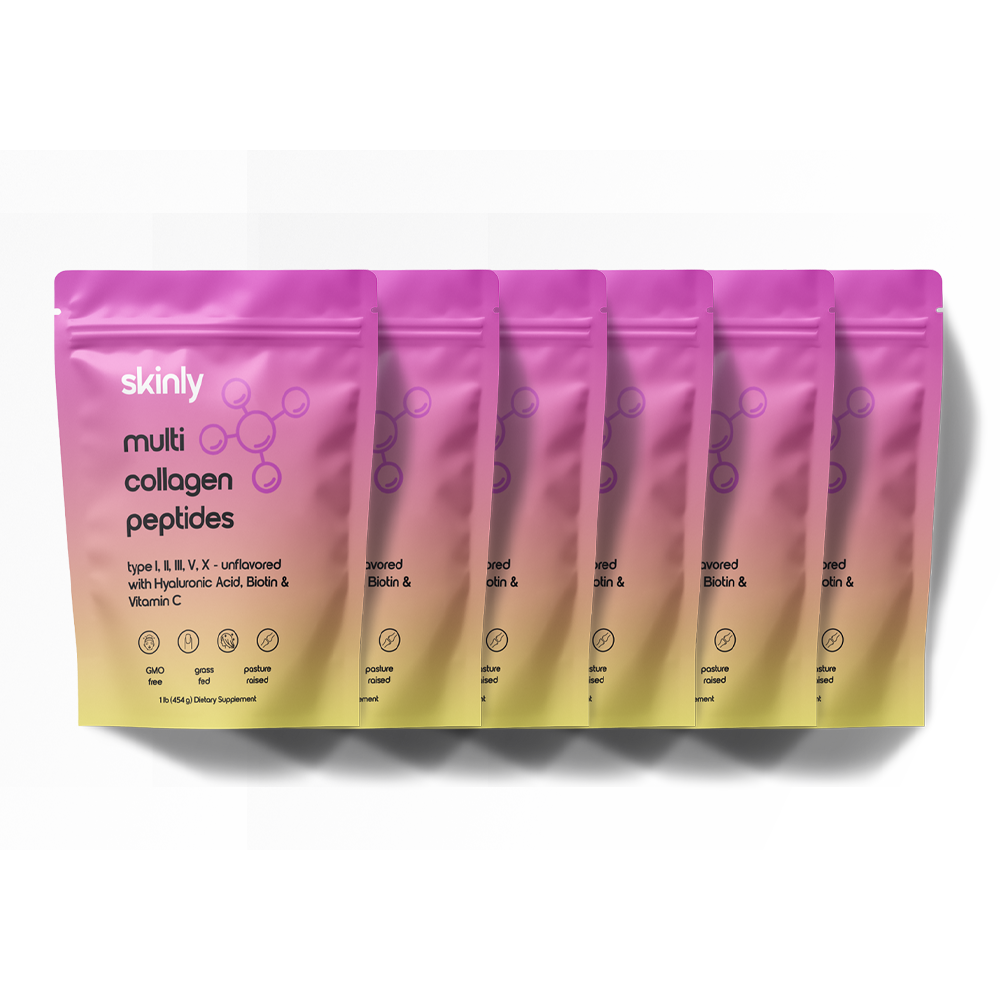 6-Month Bundle: Skinly Multi-Collagen Peptides – Types I, II, III, V, and X with Hyaluronic Acid, Biotin, and Vitamin C – Unflavored